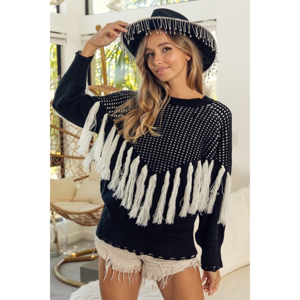NEW! BiBi Fringe Soft Black and White Sweater!